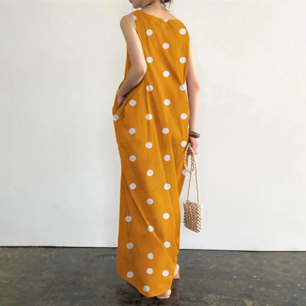 

Women Beach Dress Summer Maxi Dress with Dot Print O Neck Big Pockets for Women Plus Size Soft Ankle Length Beachwear Dot Print