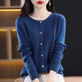 여성 100% 메리노 울 스웨터, 라운드 칼라, 단색 니트 가디건, 가을 겨울 캐주얼 소프트 재킷, 보터밍 슬림 탑, 신상