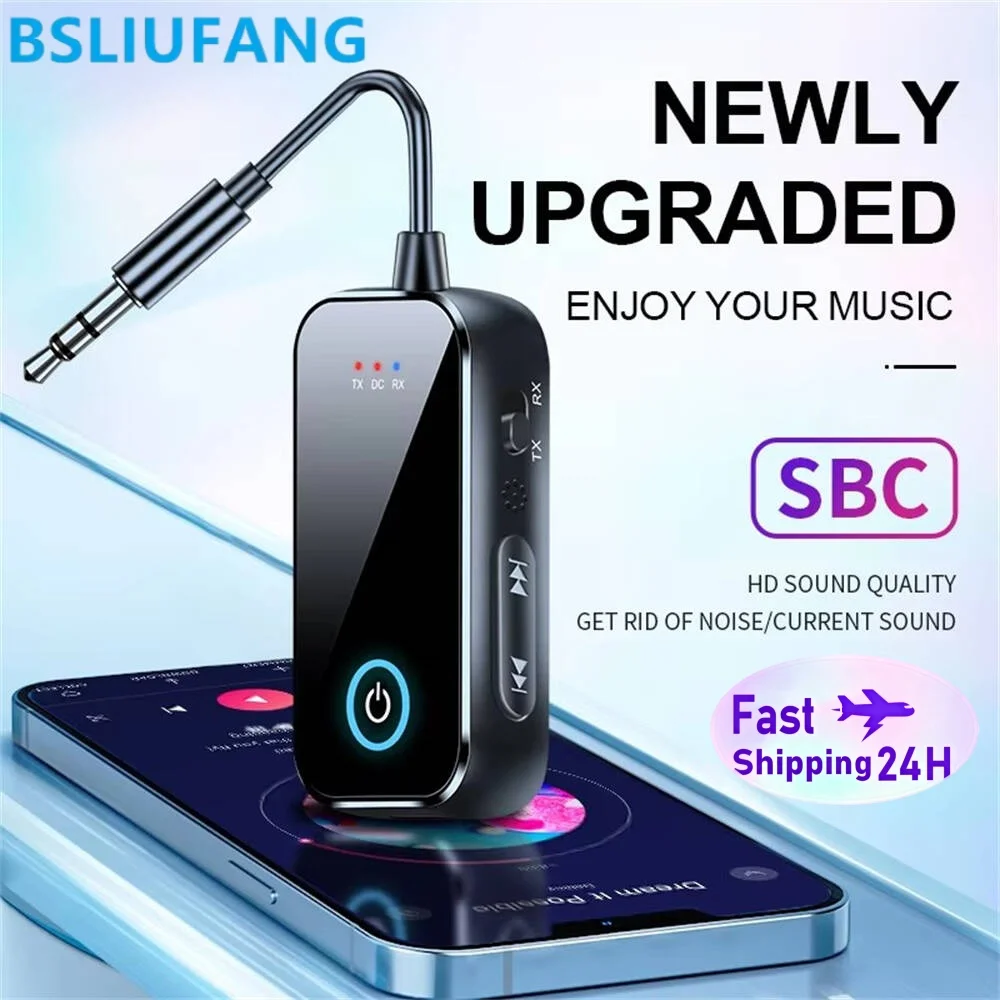블루투스 6.0 AUX 오디오 송수신기 2 in 1 무선 어댑터 3.5MM 마이크 내장 하이파이 스테레오 음악 (자동차, TV, PC, 비행기용)