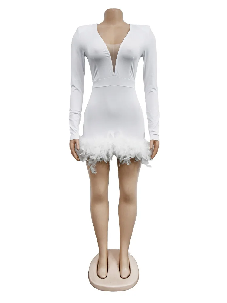 Sexy Deep V-neck Solid Color Shorts Jumpsuit Women Elegant Feather Splicing Long Sleeved Bodysuit for Office Lady, Evening Party