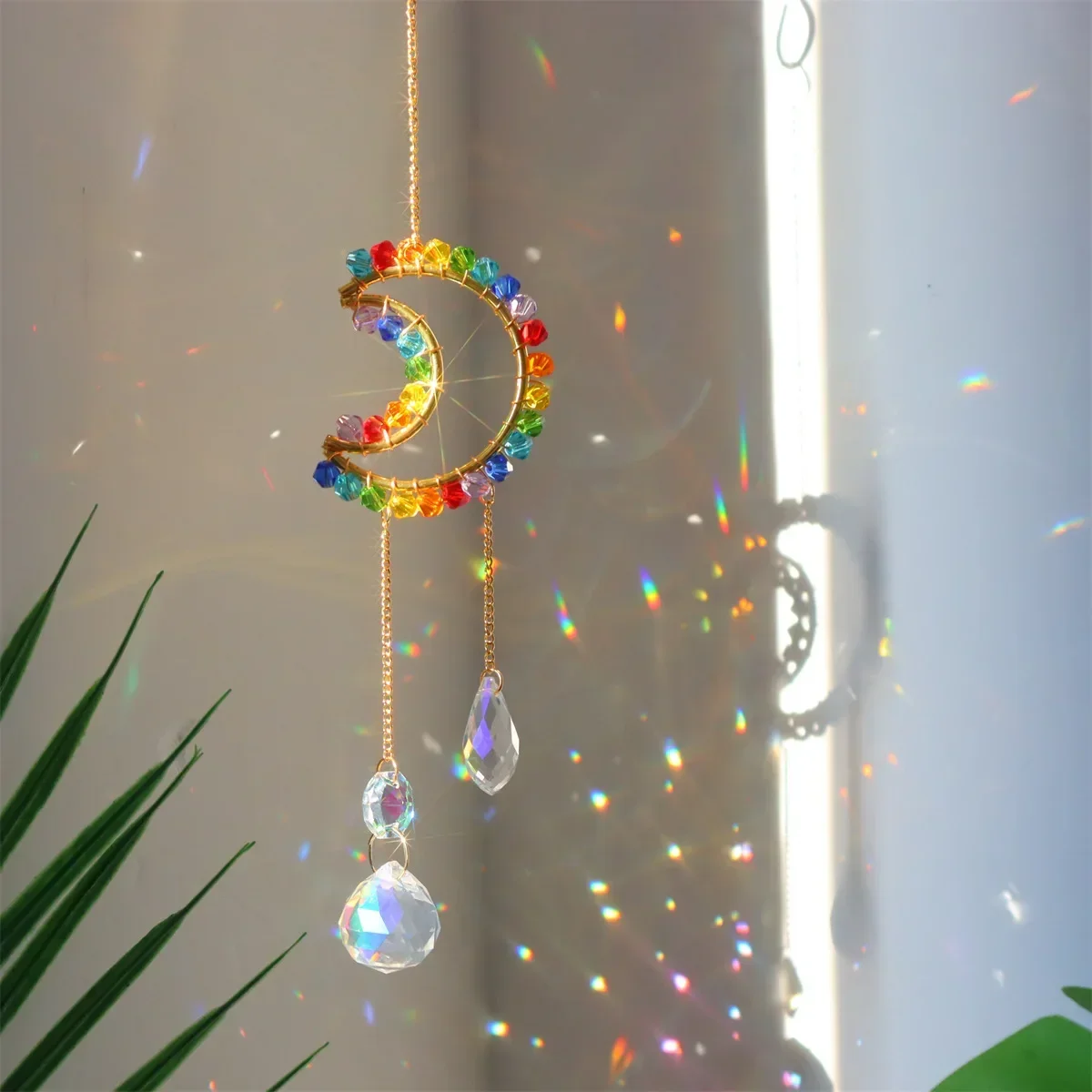 Chakra Glass Crystal Suncatcher Moon Star Heart Hanging Pendants Rainbow Prism Wind Chimes Garden Home Decor Christmas Ornament