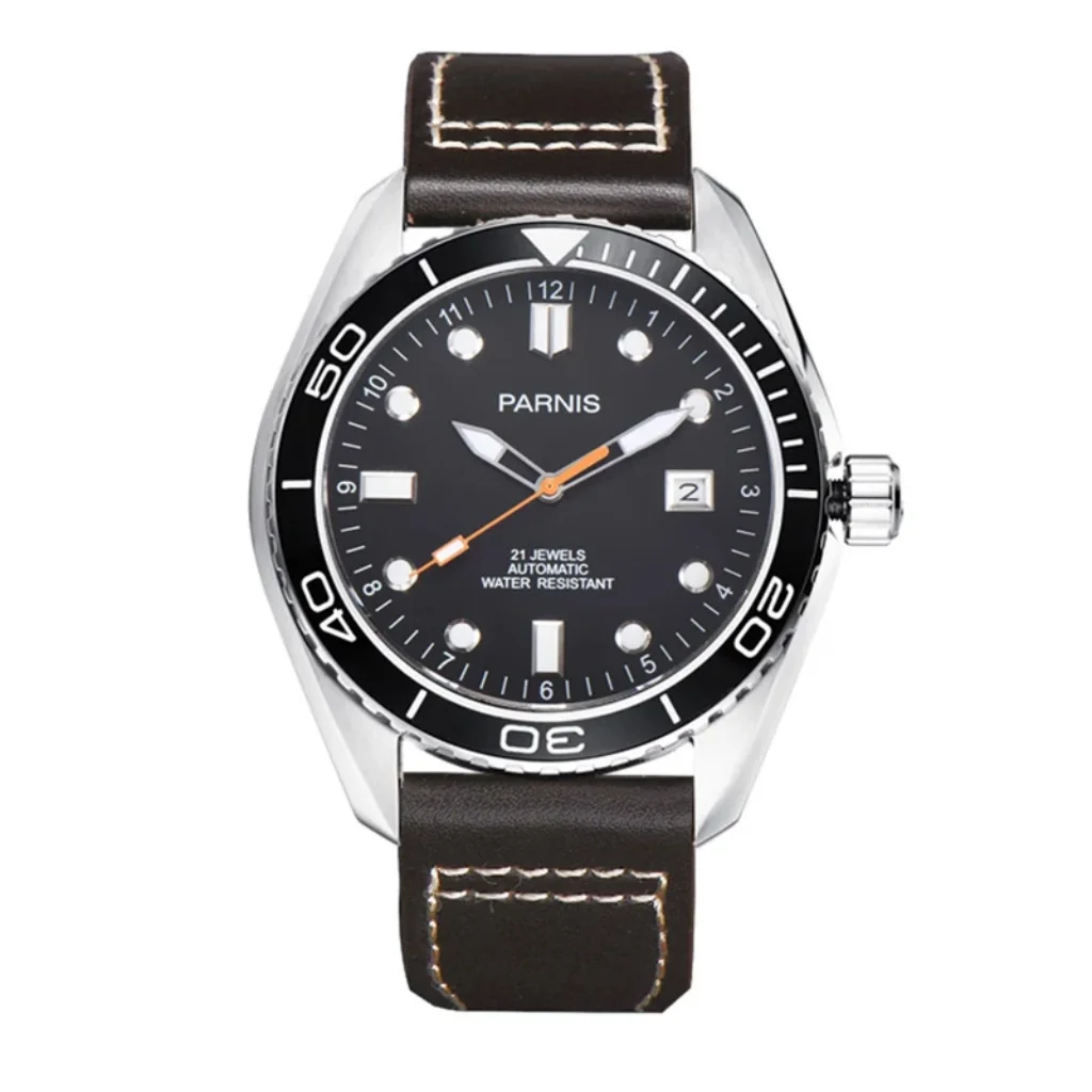 

Parnis 45mm Black Dial Green Luminous Automatic Mechanical Men's Watch Leather Strap Sapphire Glass Waterproof Men Watches