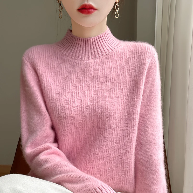 Women's semi high neck solid color sweater made of 100% wool_voghion.com