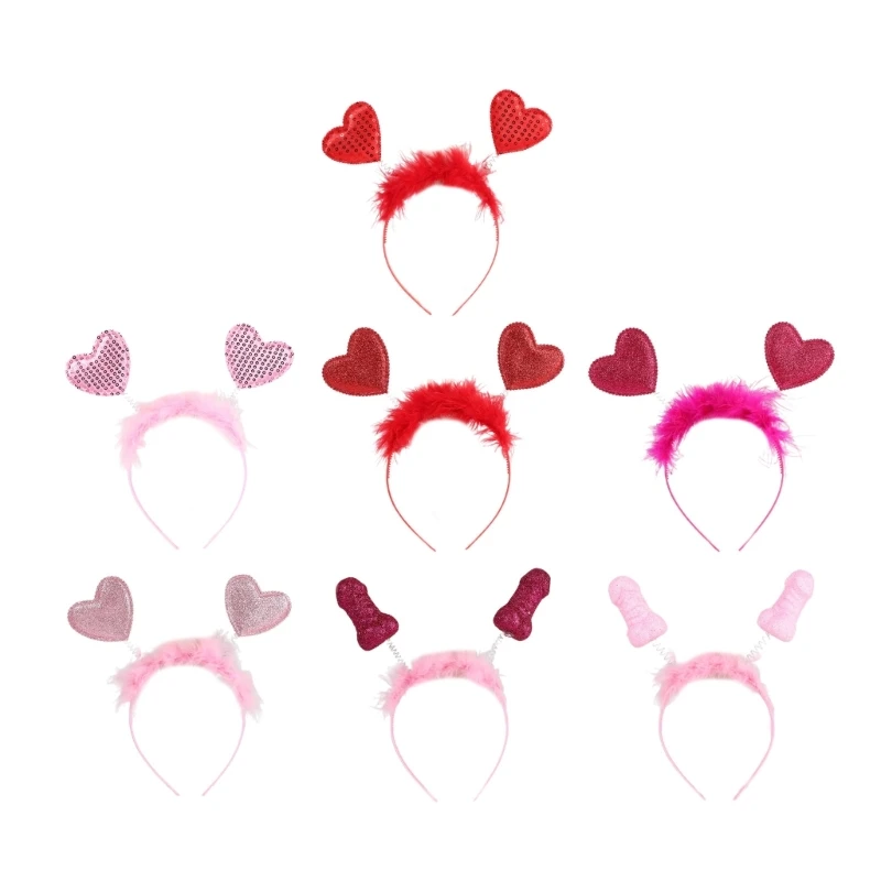 

1pc/7pcs Heart Headband for Woman Girl Banquet Hair Hoop Glitter Feather Decor Hairband for Valentines Headband