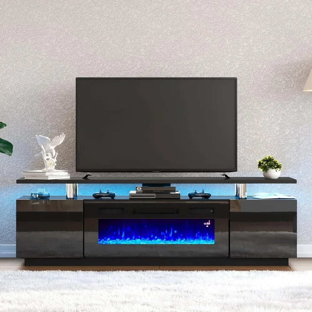 

LED TV Stand with 36" Fireplace, 70" High Gloss Fireplace Entertainment Center, 2 Tier TVS Console, TV Stand