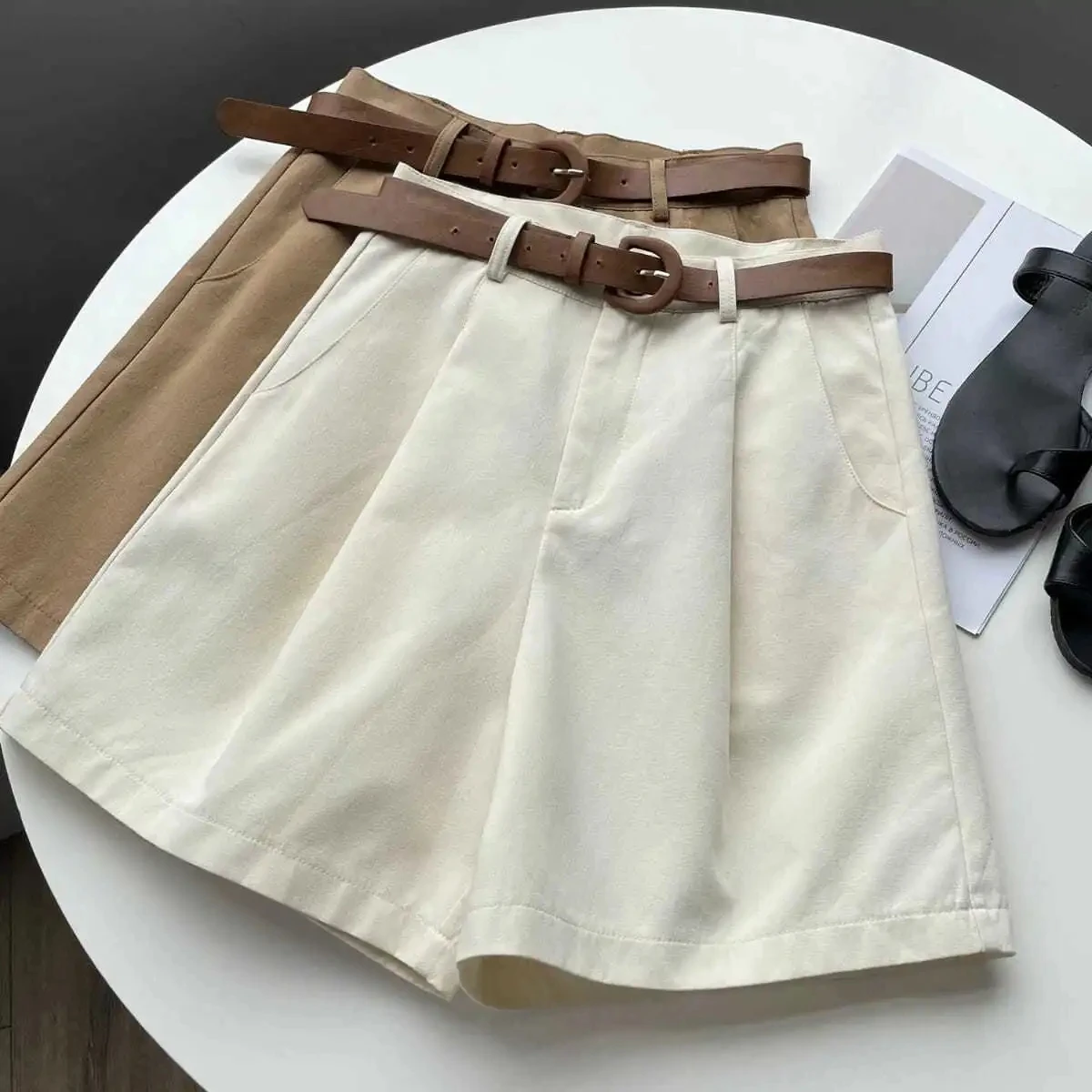 

Summer Wide Leg Shorts Women Office High Waist Suit Shorts Beige Oversize Loose Button Solid Classic Casual Shorts With Belt New