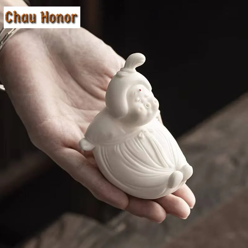 Exquisite White Porcelain Boutique Kiki Tea Pet Ornaments Handmade Sculpture Crafts Home Censer Teaware Decoration Accessories
