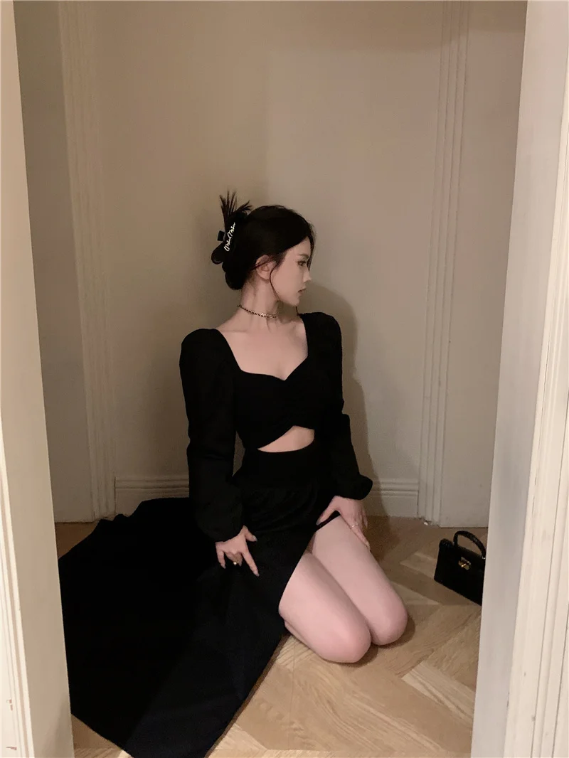 Elegant Black Long Dresses for Women Long Sleeve Square Collar Hollow Out High Slit Evening Party Dress Prom Robe Vestidos Mujer