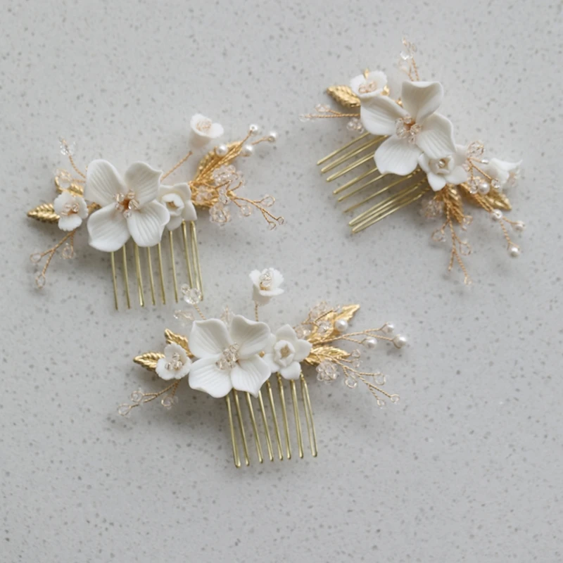Delicate Wedding Small Comb Bridal Hair Pin Ceramic Floral Girls Headpiece Gold Silver Color Women Accessories