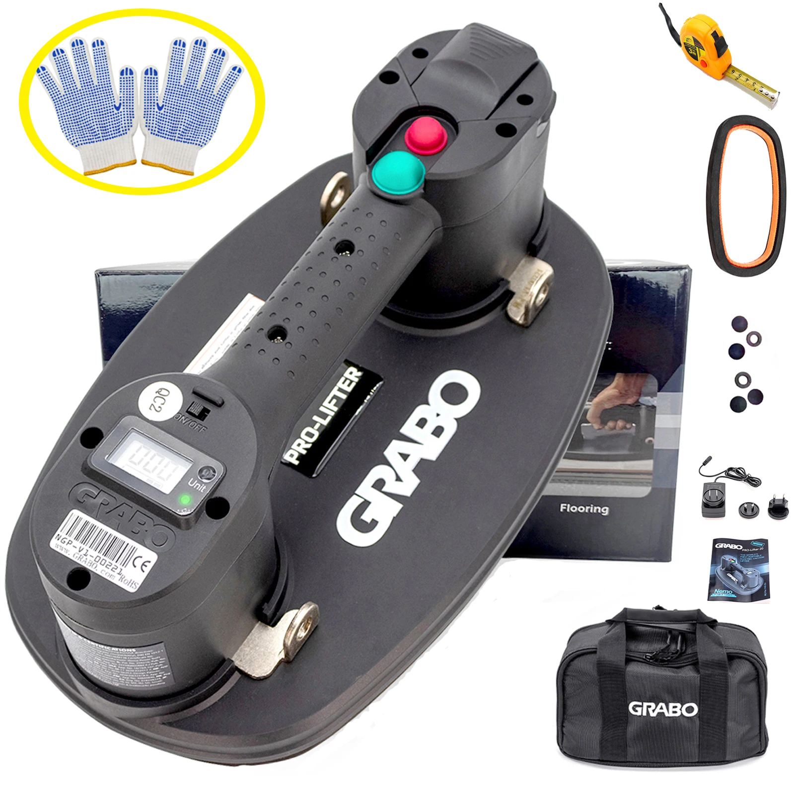 

Grabo Pro Lifter 20 Electric Vacuum Suction Cup Lifter with Digital Display 375lbs Max Load Pump Turn on or off Automatically