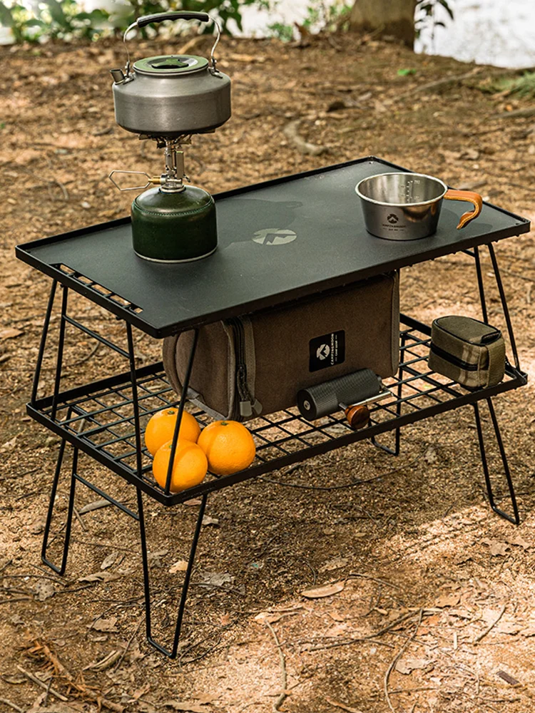 

Outdoor Simple Folding Picnic Table Multi-Layer Iron Storage Rack with Storage Bag Bamboo Board Car Table