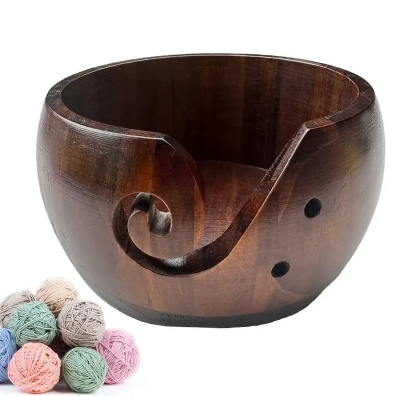 

Wooden Yarn Bowl Round Crochet Woolen Knitting Storage Basket Holder with Holes Handmade Yarn Bowl for DIY Knitting Crocheting