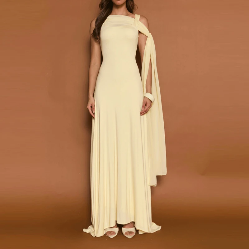 Fashion Off Shoulder Solid Robe Dress Lady Slanted Neck Sleeveless Party Long Dress Asymmetric High Waist Slim Fit Summer Dress