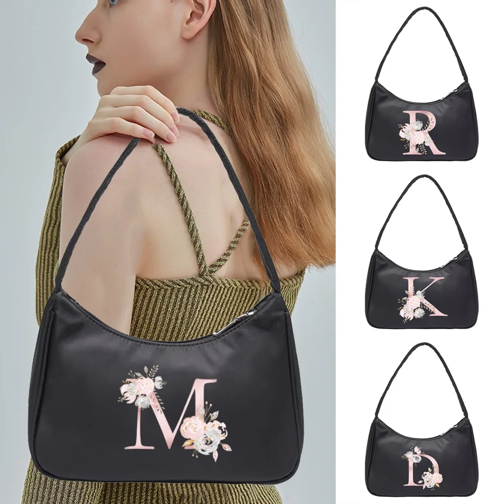 Shoulder Underarm Bag Ladies Small Purse Handbags Pink Flower Letter Print Casual All-match Fashion Women New Square Zipper Bags