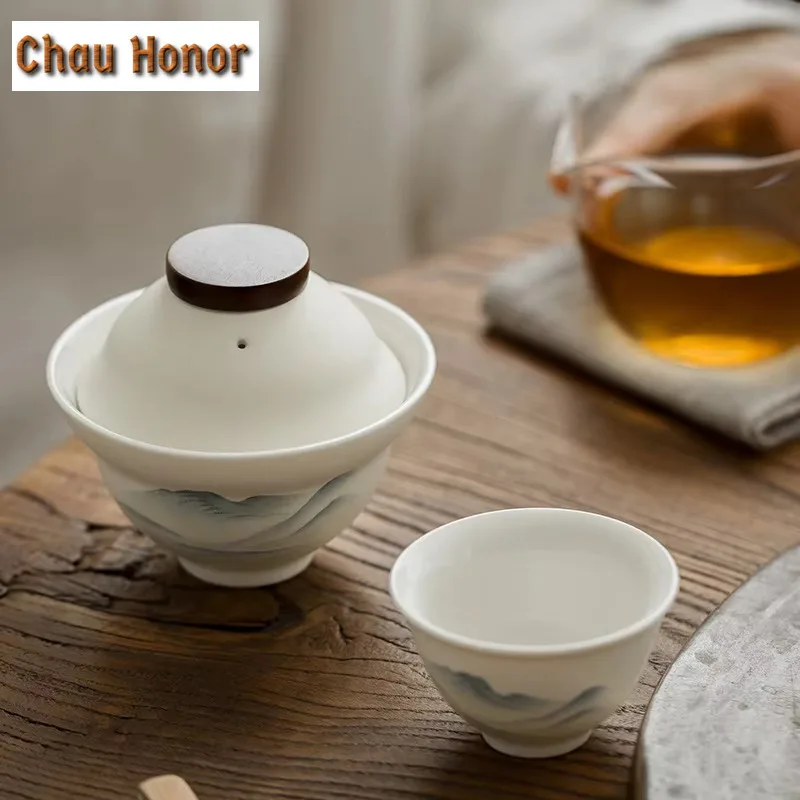 Customize Chinese Landscape Kung Fu Teaset Ceramic Portable Teapot Set Travel Gaiwan Tea Cup of Tea Ceremony Teacup Carrying Bag