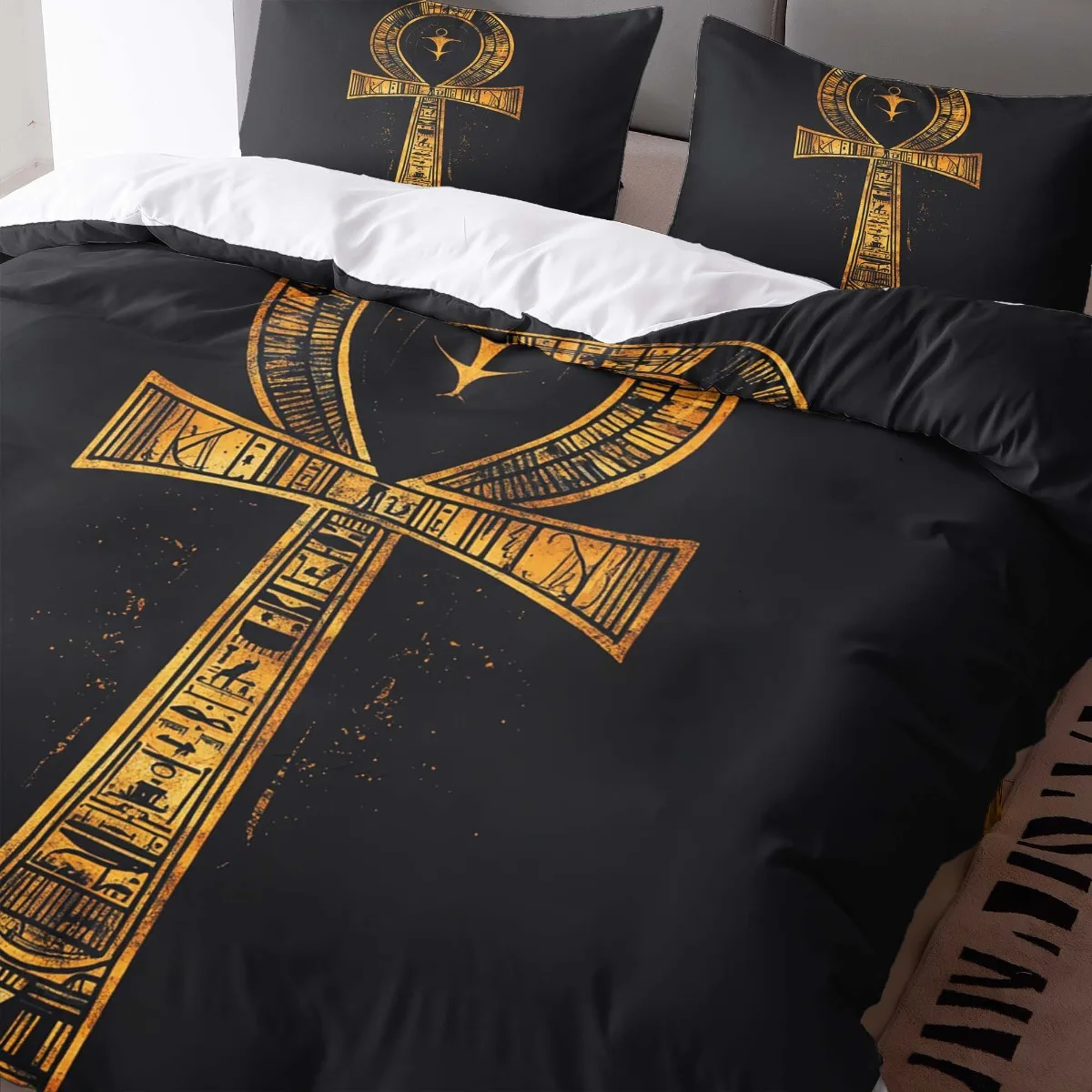 3Pcs Egyptian Ankh Cross Duvet Cover Set, Black Golden Digital Print Polyester Bedding with Pillowcases, Zipper Closure