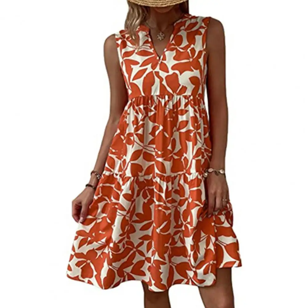 

Boho Sleeveless Tank Dress Women Summer 2023 High-Waist Leaves Print Ruffle Flowy Hem Mini Dress Yellow