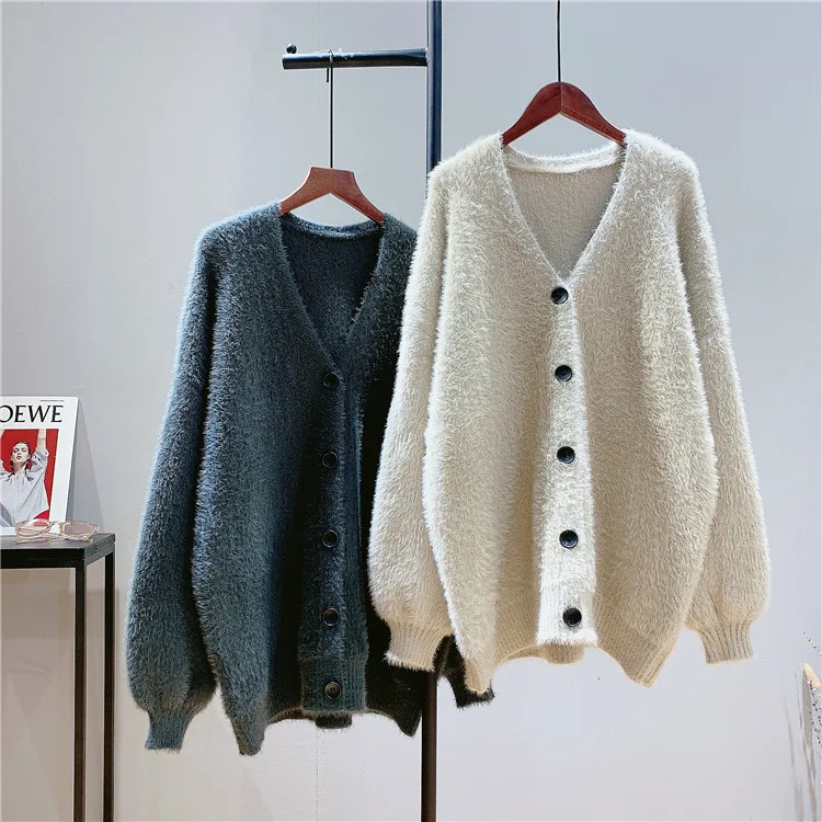 

2022 Autumn And Winter Women's Slouchy Mink Hair Imitation Solid Sweater Coat New Loose Knit Cardigan