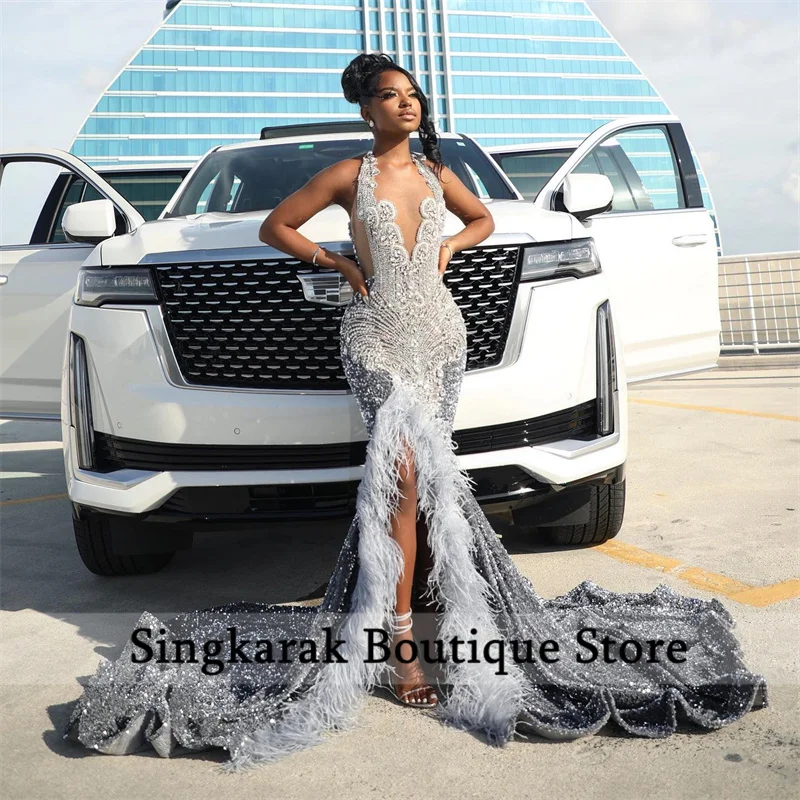 

New Arrival 2024 Sparkly Silver Diamonds Mermaid Prom Dress Halter Crystal Rhinestones Slit Feathers Wedding Party Gown Robes