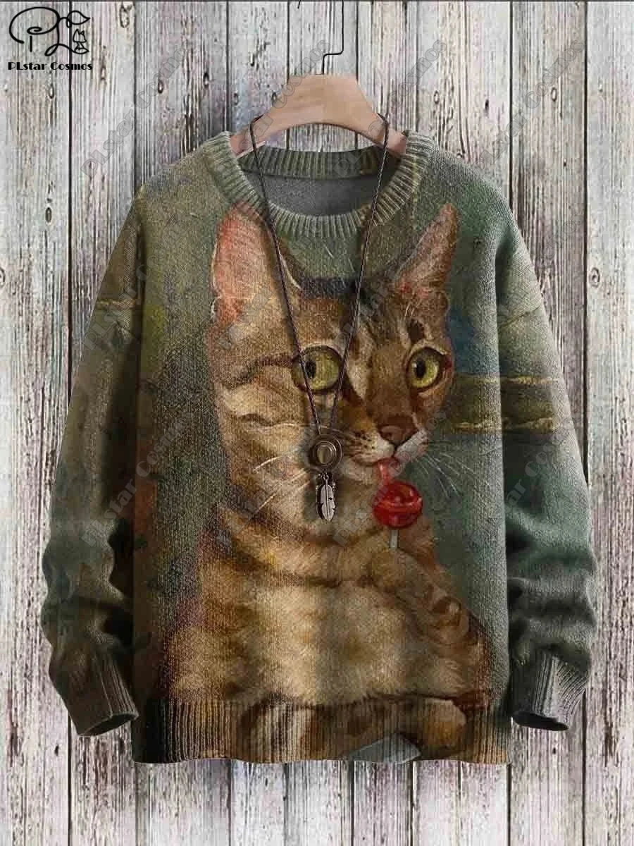 PLstar Cosmos New 3D printed animal series cat pattern ugly sweater street casual winter sweater M-2