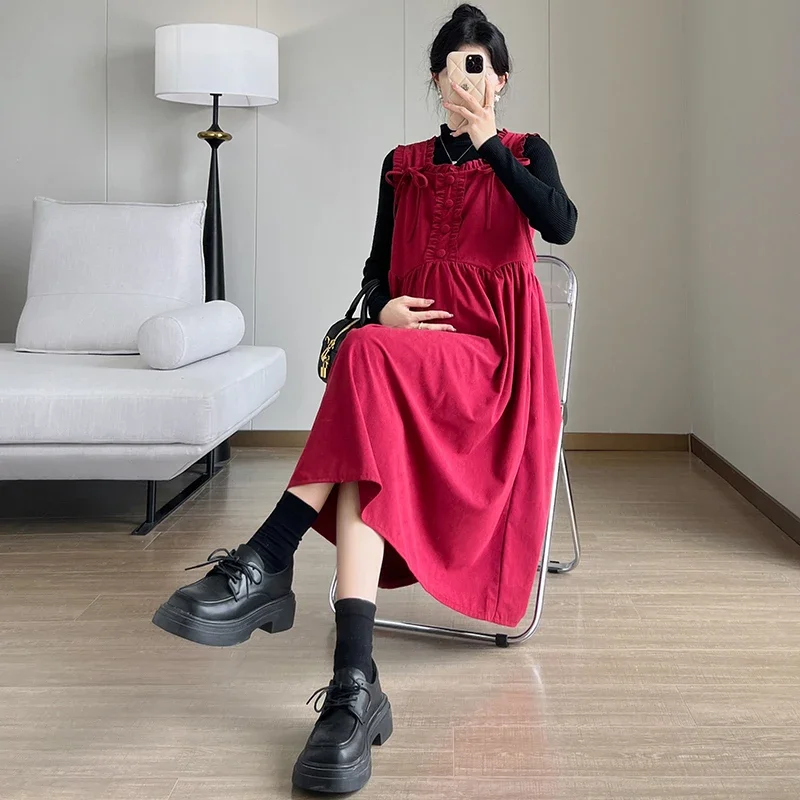 

Autumn Winter Maternity Dress Suits Plus Size Corduroy Strap Dress+Shirts Twinset Pregnant Women New Year Clothes Set Red Dress