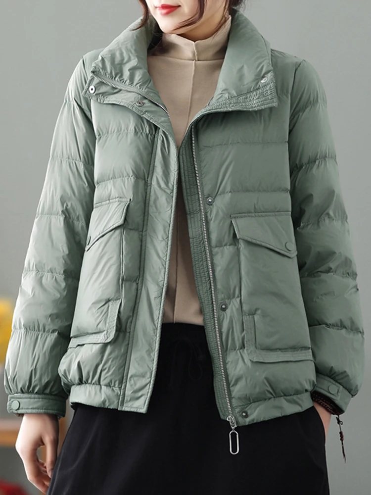 

FTLZZ Winter Women 90% White Duck Down Jacket Casual Loose Thick Warm Solid Outwear Lady Stand Collar Zipper Button Pockets Coat