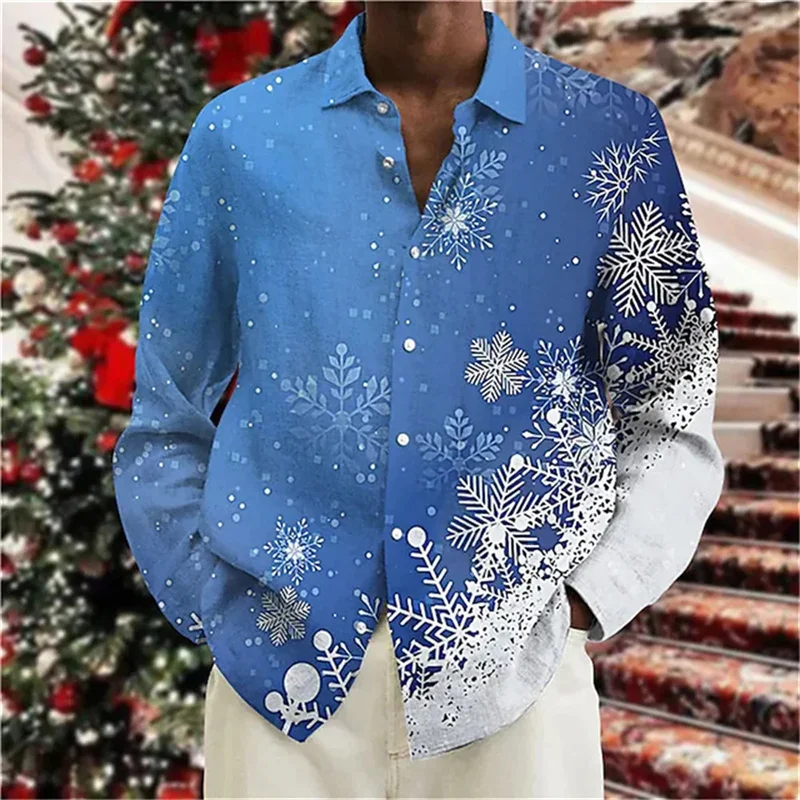 Men's 3D Printed Christmas Shirt 2023 High quality top Long sleeve button-down lapel Santa Shirt