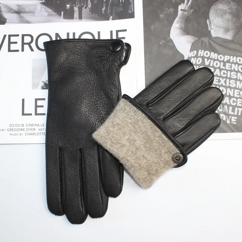 Men's Deerskin Gloves Corrugated Rabbit Fur Lining Warm Winter Velvet  Lining Straight Wool Knit Leather Driving Gloves