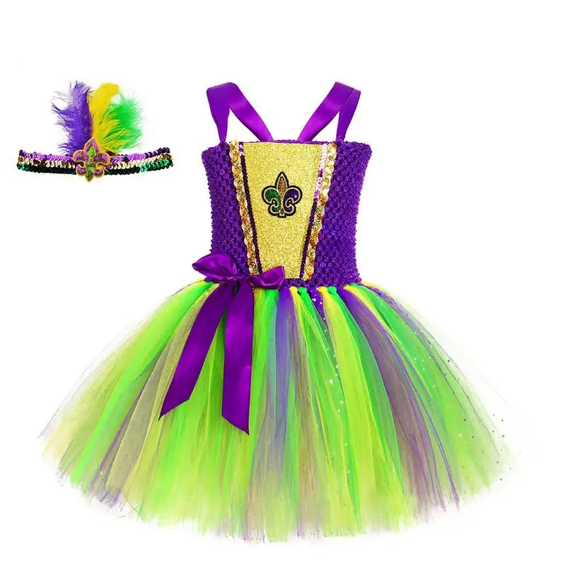 

Sequins Mardi Gras Dress For Girls Carnival Halloween Disguised Headband Costumes Kids Festival Clothes Tutu Outfit