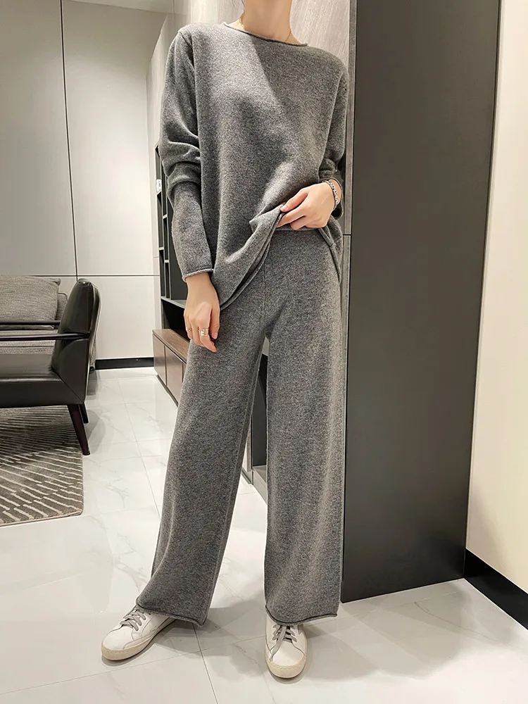 SZDYQH 100% Merino Wool Suit Autumn/Winter New Fashion Two-Piece Set Women's Round Neck Pullover Casual High Waisted Pants Suit 2