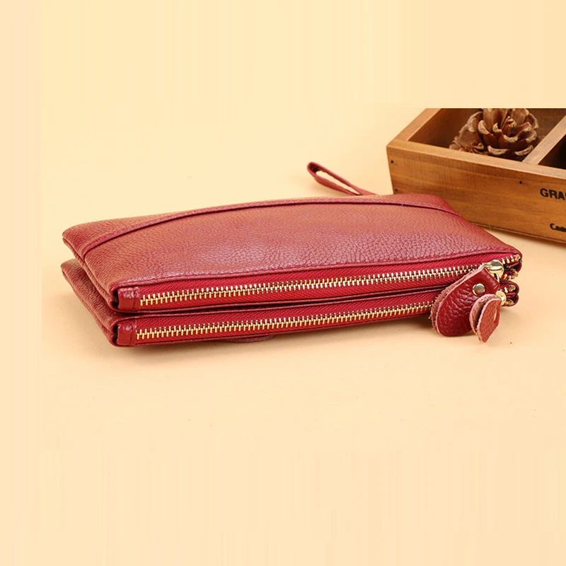 Fashion Women Clutch Wallet PU Leather Double Zipper Money Purse High Capacity Female Mobile Phone Clutch Purse with Wrist Strap