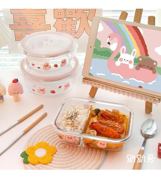 Glass Lunch Box Girl Heart Preservation Bowl Bento Box With Lid Bowl  Microwave Oven Heating Tropical Rice Preservation Box - AliExpress