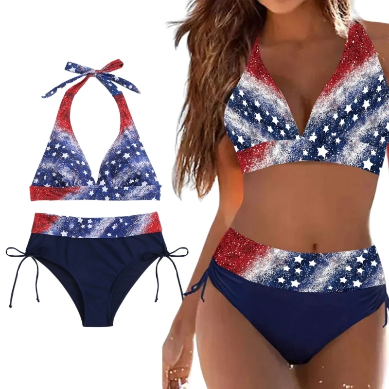

2024 Womens Bikini Swimsuits Two Piece Bathing Suits Sexy Halter Bikini Brazilian-Thong Bottom Drawstring Tie Side Bikini Set