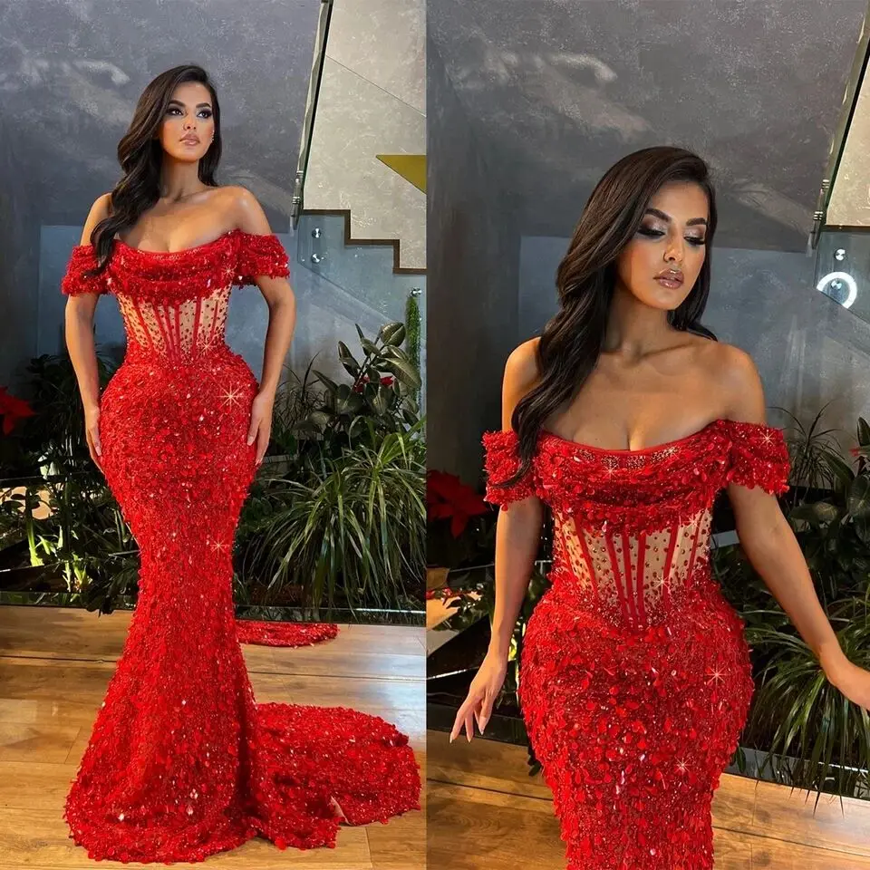 

Prom Dress Red For Women Beading Off The Shoulder Floor Length Tulle Illusion Sexy Evening Gowns Sleeveless Luxury Wedding 2024