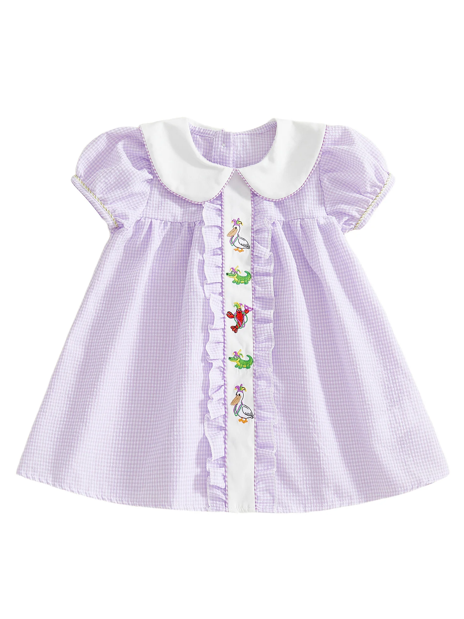 Girls Summer Dress Short Sleeve Doll Collar Floral Embroidery Princess Party Dress for Kids Carnival Costume