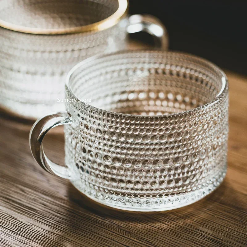 Drinking Glass Nordic Style Retro Embossed Glass Cups Sunflower Transparent Coffee Cup Pearl Milk Tea Cold Drink Juice Mug Gold Line