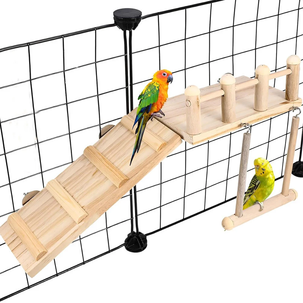 Parrot Bird Perches Platform Swing With Climbing Ladder, Parakeet Cage Accessories Wooden Playing Gyms Exercise Sturdy for Bird