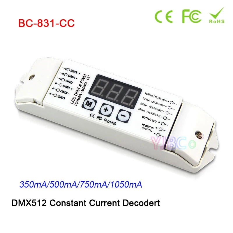 Single color LED Lamp DMX512 Controller BC-831-CC 3-digital-display DMX Constant Current Decoder Dimmer 350mA/500mA/750mA/1050mA 5v 12v 24v dc rgb led strip 24 channel dmx512 decoder 3a 24ch single color dmx decoder controller pwm dmx512 1990 signal dimmer