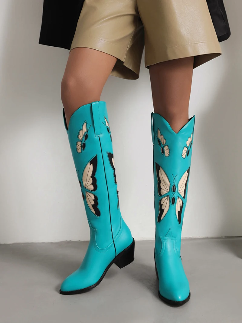 Plus Size Embroidered Butterfly National Western Boots Pointed Toe Thick Heel Plush Inner Embroidered Women's Knee High Boots