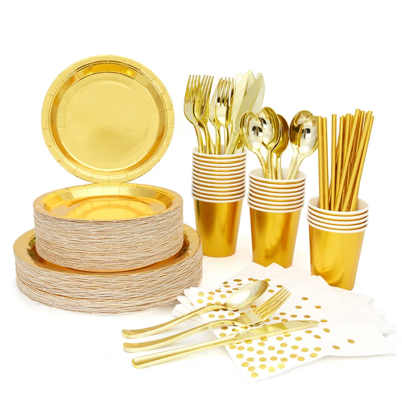 Party Decorations Disposable Wooden Tableware Plastic Tableware Set Disposable Paper Plates Cups Straws Napkins Cake Stand Cutlery Set Adult Children's Birthday Party Supplies Gold Theme