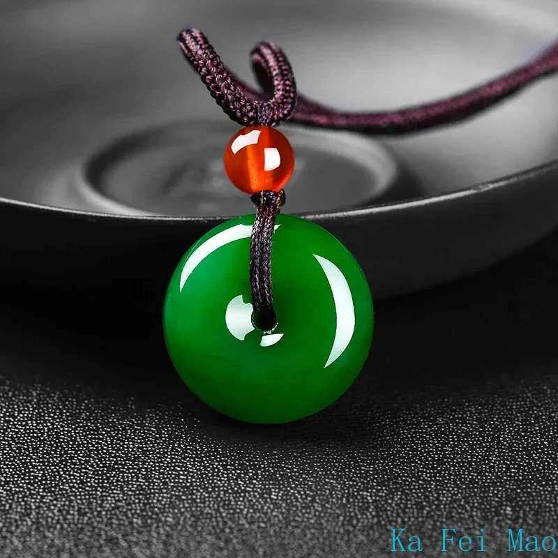 Pendant Necklace Natural Green Jade Safety Buckle Pendant Necklace Hand-Carved Charm Jadeite Jewelry Fashion Amulet for Men Women