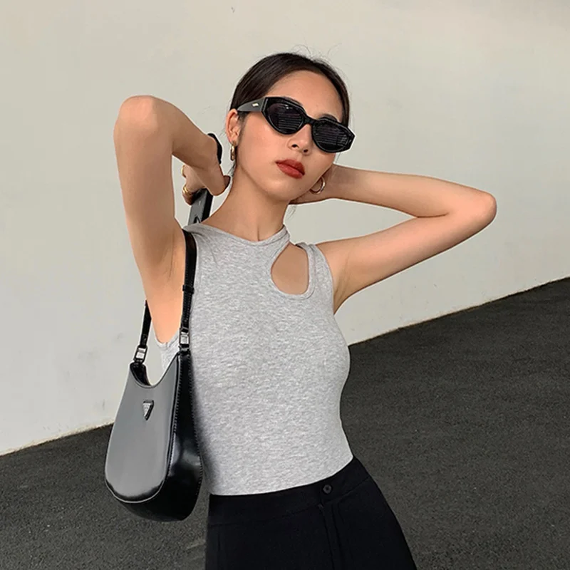 Casual y2k White Cut Out Women's T Shirt Round Neck Sleeveless Slim T Shirts Female Clothing 2022 Summer Fashion crop top women