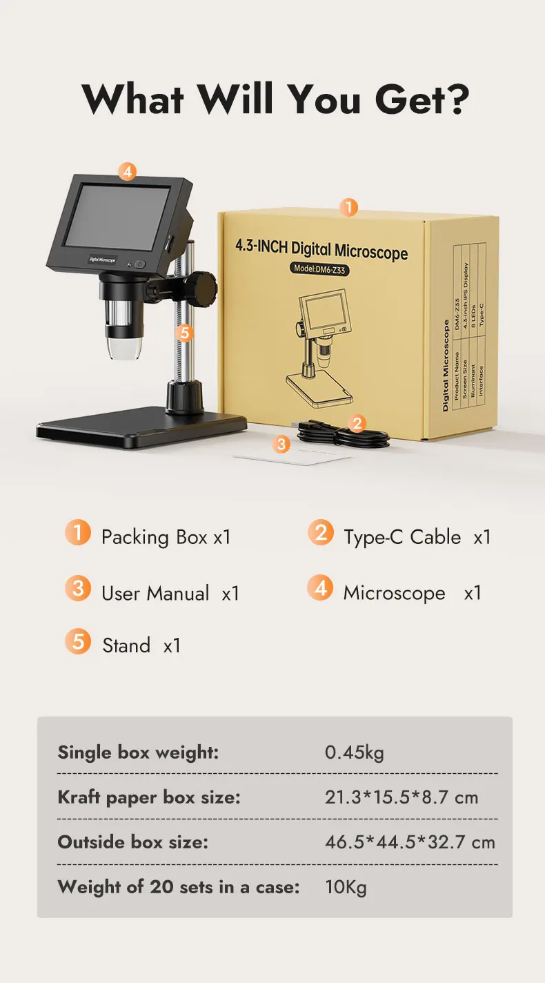 4.3"IPS Digital Microscope with 8 LEDs1000X Magnification Coin Microscope USB El