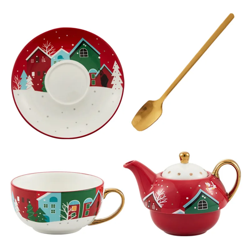 Christmas Pattern Ceramic Tea Set Gold Plated Craft Ceramic Portable Tea Set Personal Teapot Cup and Saucer Surprise Gift