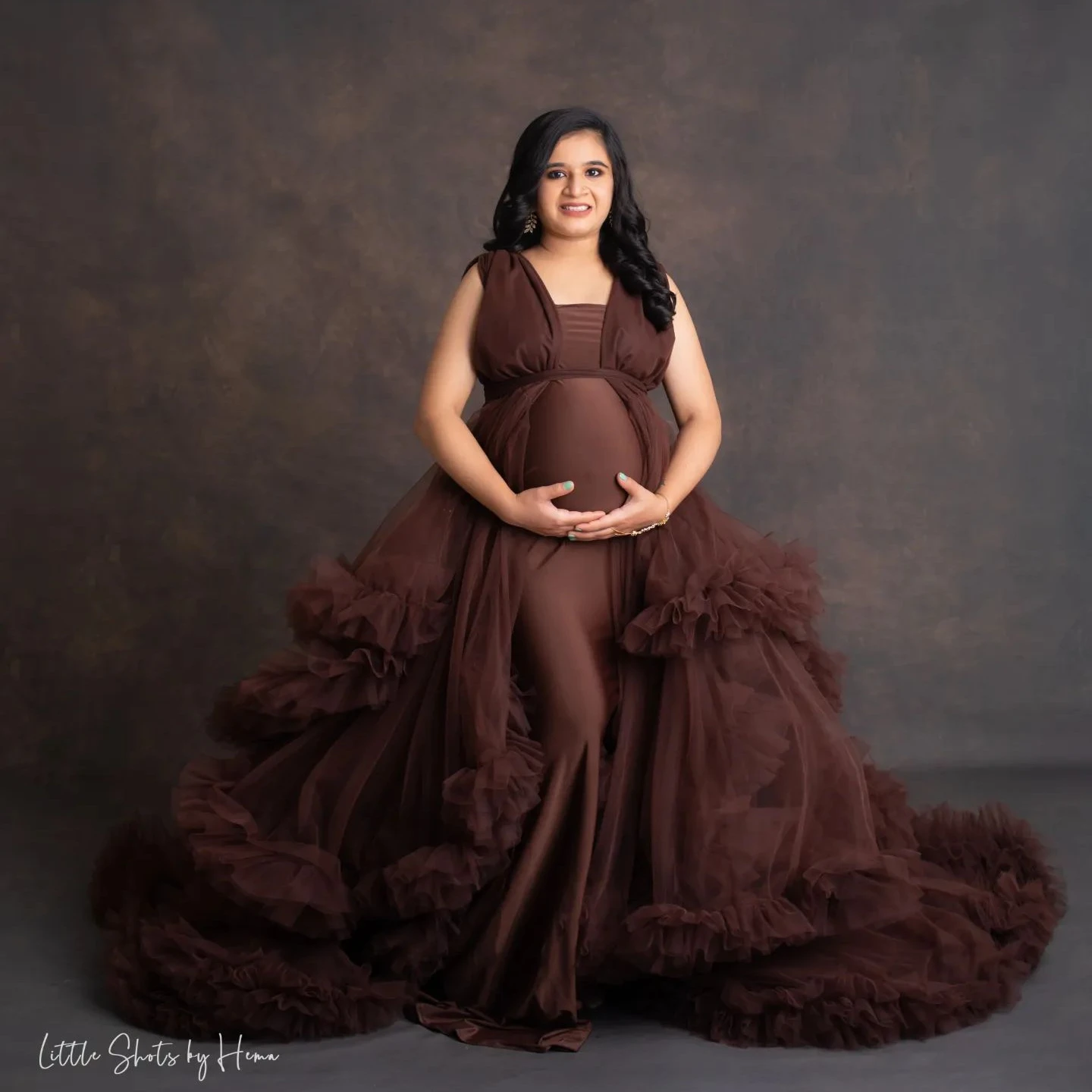 Brown A Line Maternity Robes for Photography Tulle Tiered Ruffles Pregnant Women Dresses with Inner Sexy Baby Shower Gowns