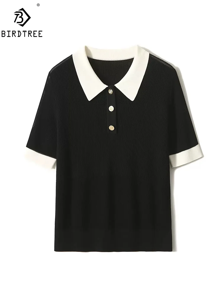 

BirdTree, Lyocell Mulberry Silk Knitted T-Shirt, Women Short Sleeve Polo Necks, Elegant Fashion Top, 2024 Spring Summer T44352QM