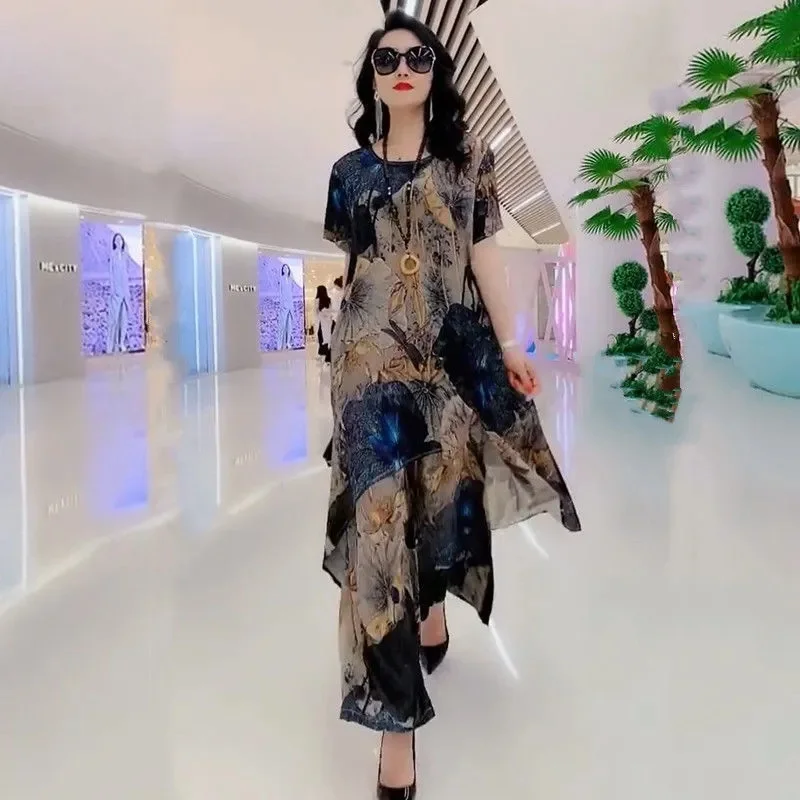 2023 New Bohemian Belly Covering Silk Wide Leg Pants Set for Women Spring Summer New Western Silk Fashion and Slim Two Piece Set