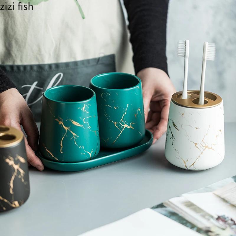 Ceramic Bathroom Tumbler With Gilded Marble Texture Set_voghion.com
