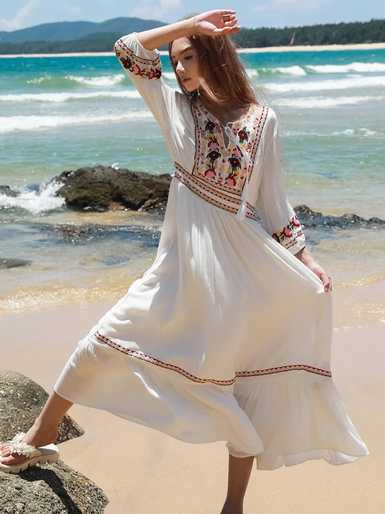 

KHALEE YOSE Boho Retro Floral Embroidery Dress Summer White Cotton Long Sleeve Women Vocation Ladies Beach Dresses Vestidos New