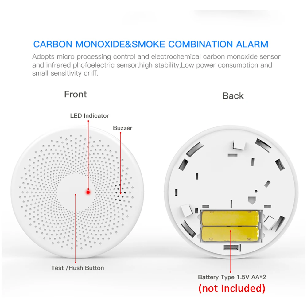 CPVAN WIFI Smoke Detector Tuya CO Sensor 2 in 1 Smart Life Wireless Carbon Monoxide Gas Fire Alarm for Home Security Protection